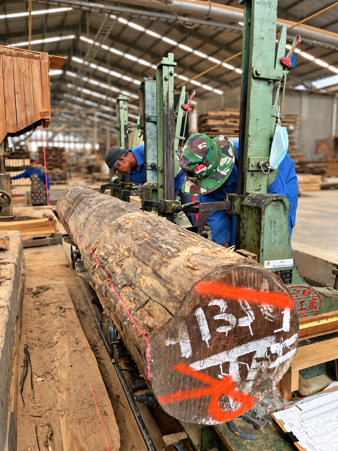Large hardwood log being processed on an industrial sawmill