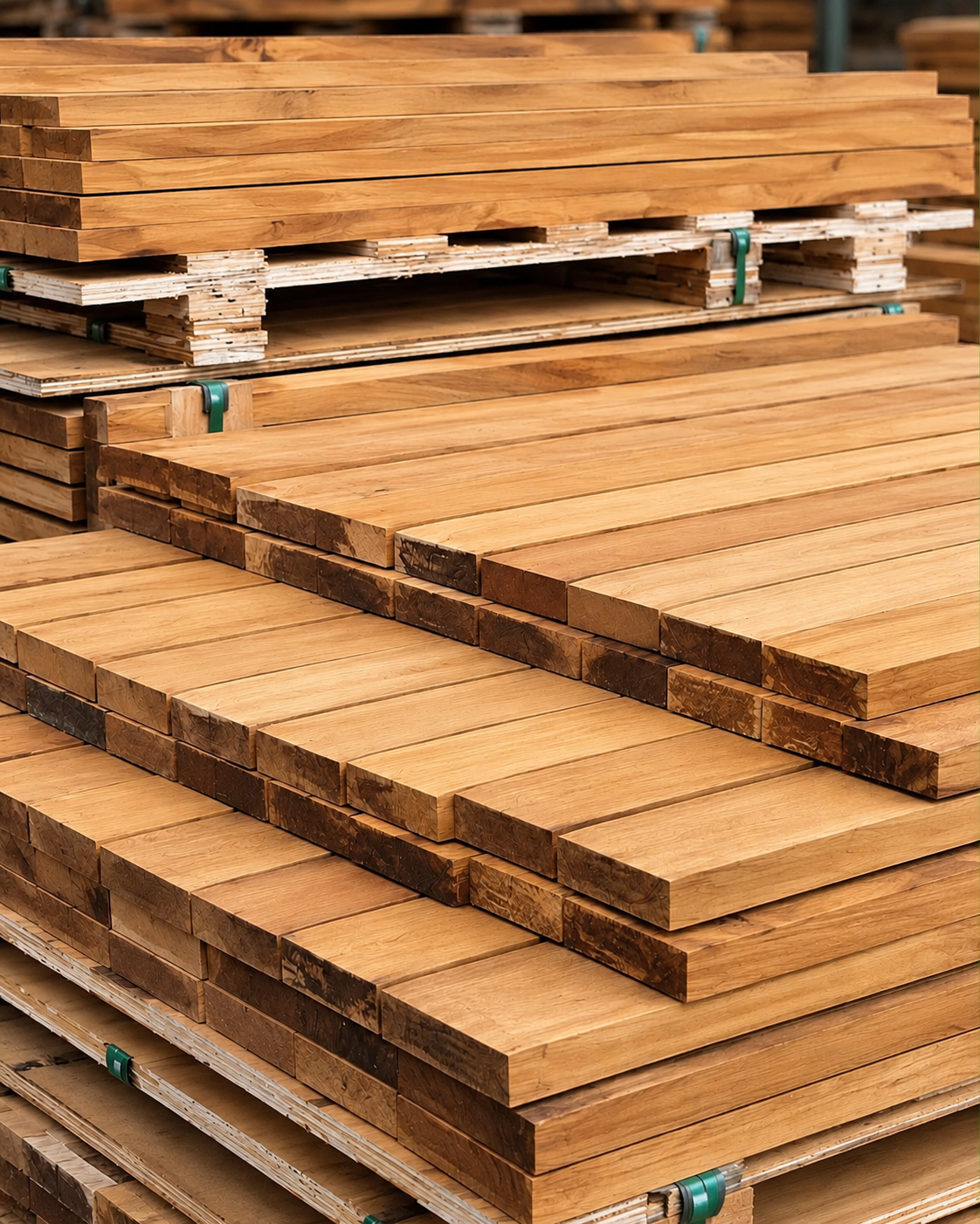 Processed hardwood timber boards in production