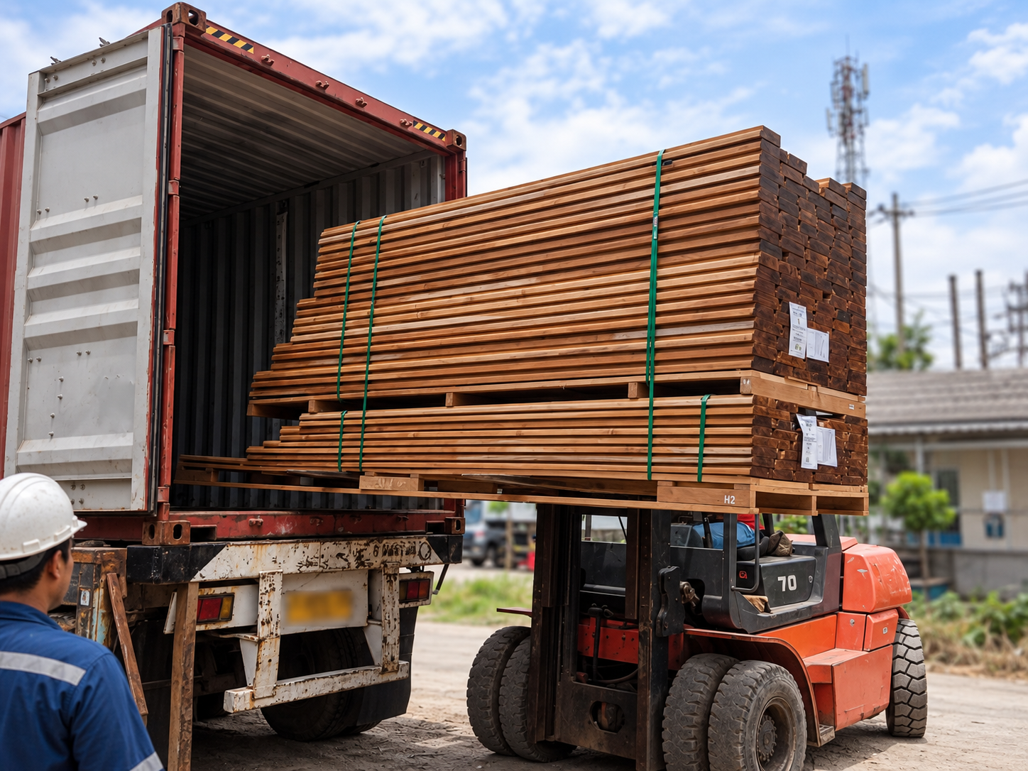 Finished hardwood bundles being loaded into shipping container