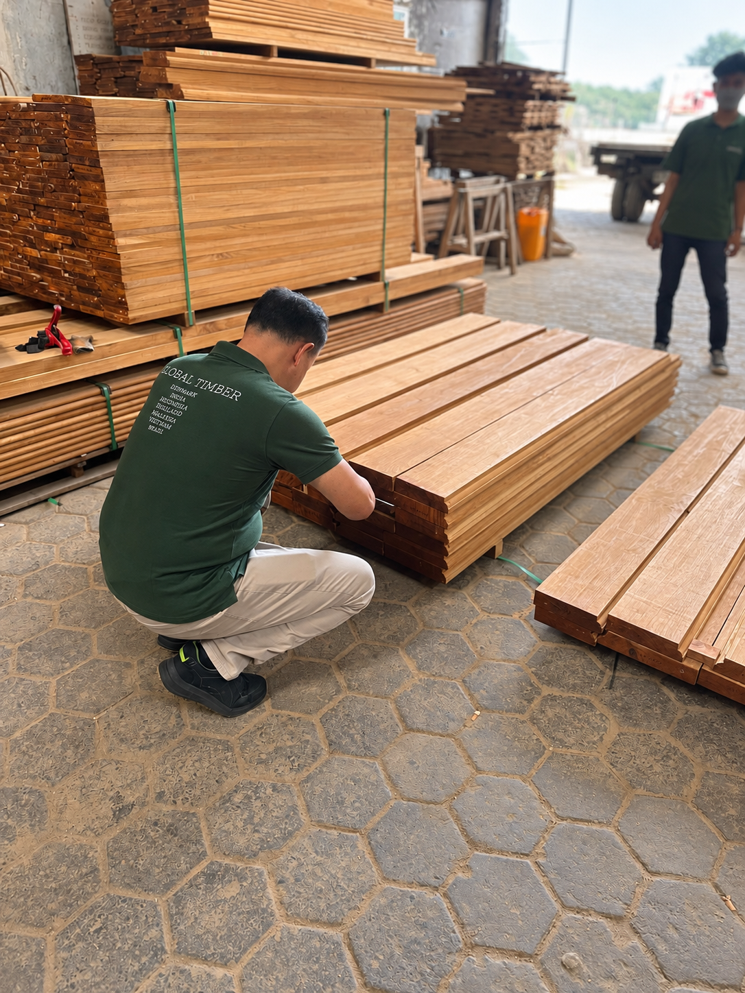 Finished hardwood timber undergoing quality inspection