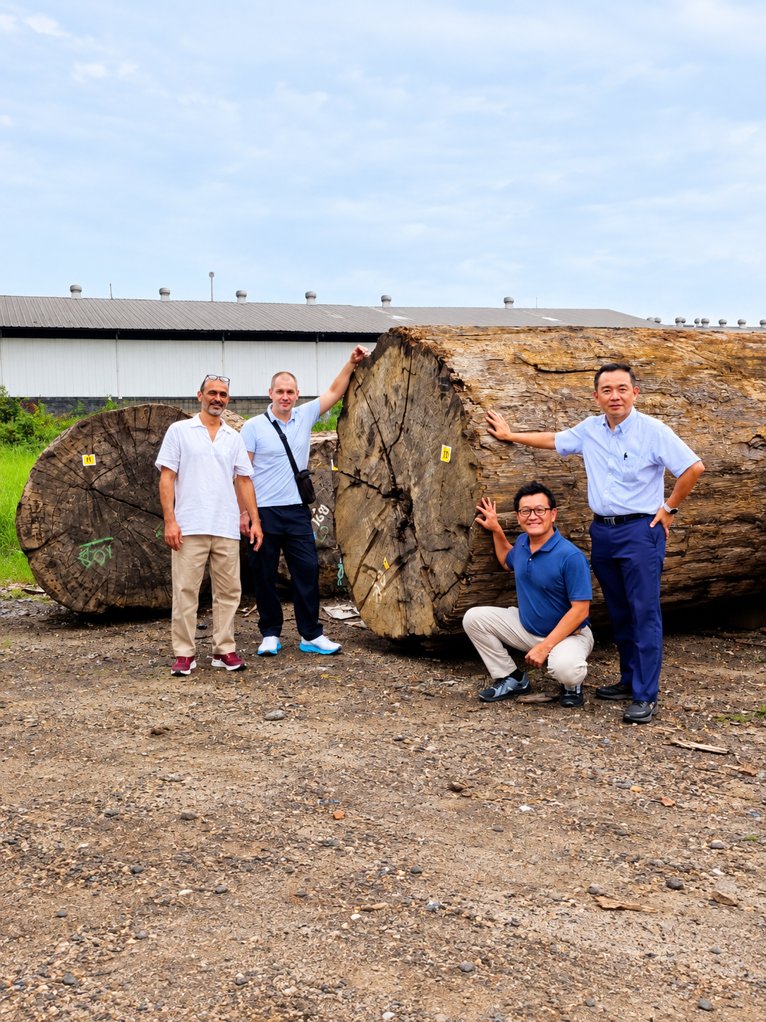 Hardwood production team with large timber logs in Indonesia