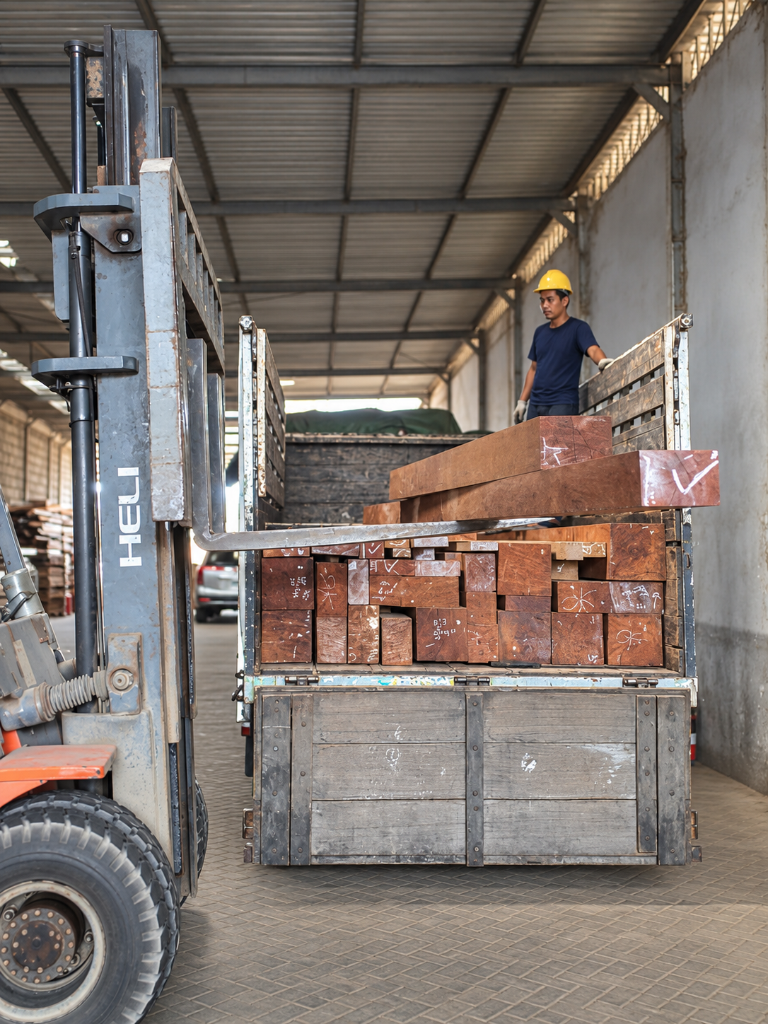 Merbau semi-components being loaded for commercial supply